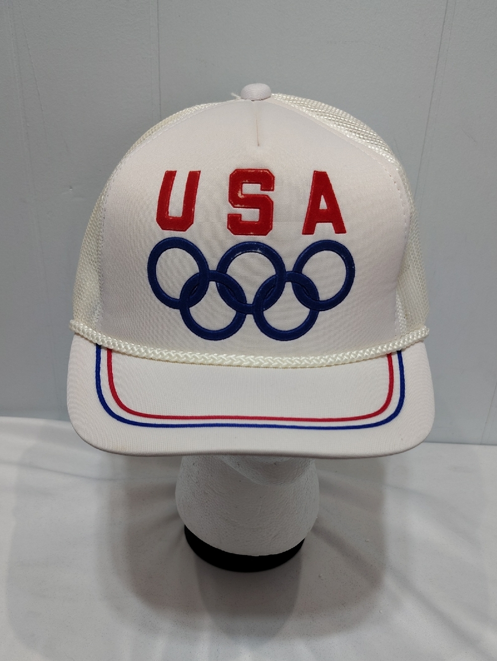 Vintage 80s USA Olympics Trucker Hat Rope Snapback Red‎ White Blue Mesh Cap